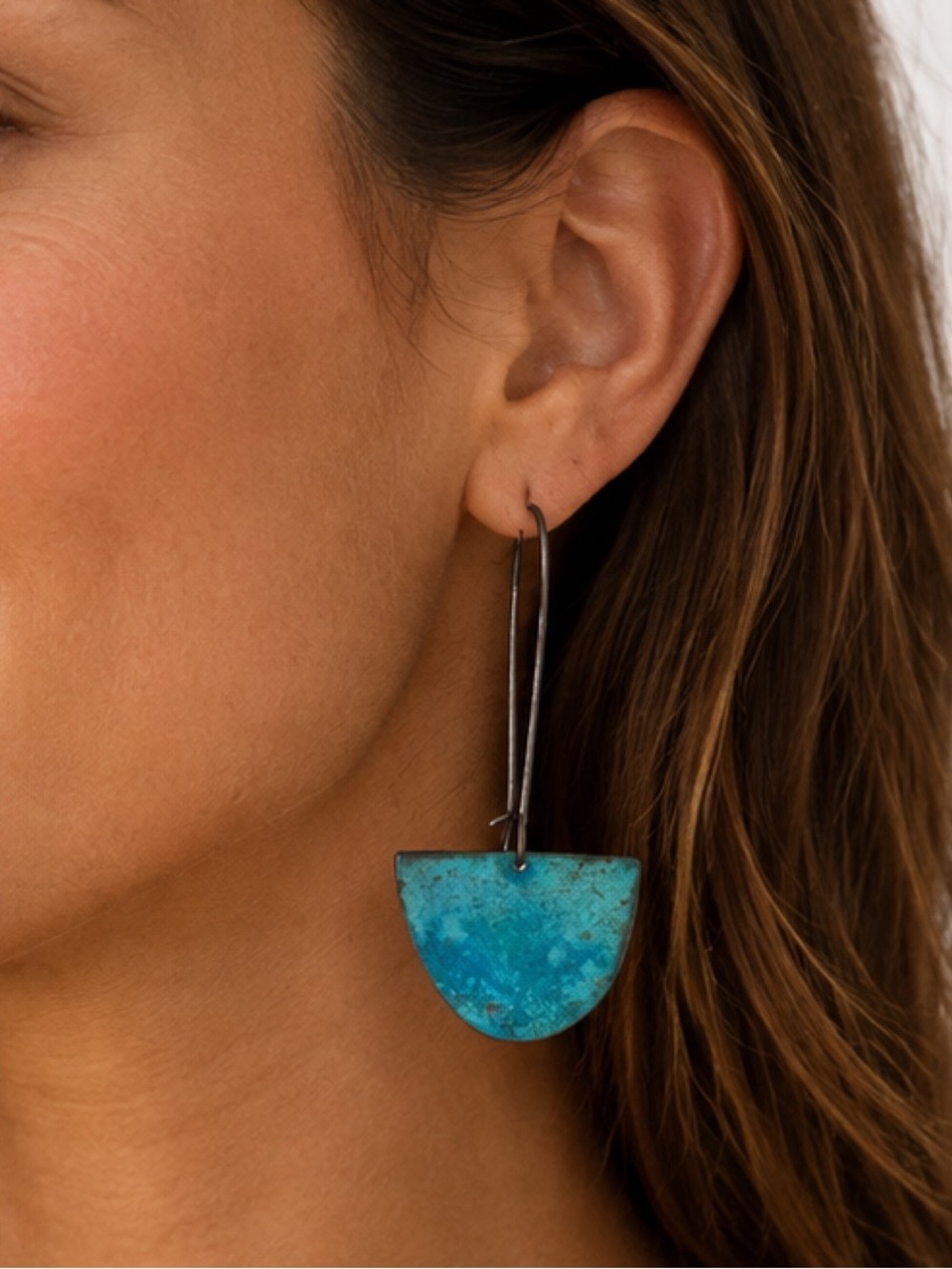 Turquoise Patina Metal Hoop half circle Earrings